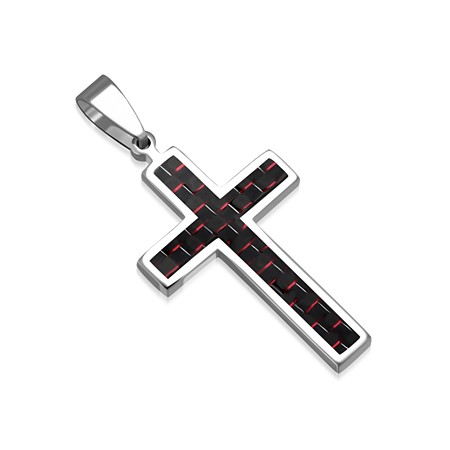 Stainless Steel Black & Red Carbon Fiber Cross Pendant - Click Image to Close